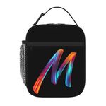 Personalised Letter Lunch Bag with Your Name Print, Custom Black Lunch Box with Initial Words for Adults Kids to Work School, Thermal Insulated Tote Bag with Mesh Pocket Water Bottle Holder, Letter M