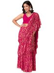 Indya Georgette Dark Pink Foil Print Ruffled Pre-Stitched Saree