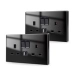 JIMEIDA 2 Pack Black Double Switched Power Socket with USB A and Type C Charging Ports 13 Amp Crystal Glass Panel Wall Outlet Electric Socket