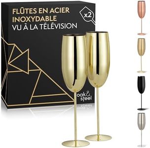 Oak & Steel - 2 Flûtes à Champagne Dorées (280 ml) - Verres à Prosecco en Acier Inoxydable Doré avec Boîte Cadeau