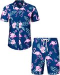 J.VER Mens Beach Hawaiian Shirt and Shorts Set Regular Fit Funky Flamingo Short Sleeve Holiday Shirt and Shorts Set Flower Button Down Summer Floral Party Blue L