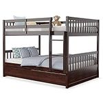 KOMFOTT Wood Bunk Bed with Trundle Full Over Full, Bunk Bed Frame with Ladder, Solid Wood Frame & Safety Guardrails, Space-Saving Bunk Bed for Teens & Adults, No Box Spring Needed (Espresso)