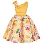 Flower Girl Dress Rose Floral Birthday Party Dresses Sleeveless Off-The-Shoulder with Beaded Bow Strap, Yellow/6-7Y 6-7 Years