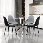 Generic 5 Pieces Round Glass Dining Table Set for 4, 35.4" Clear Tempered Glass Desk top & Metal Legs Kitchen Table and 4 Grey Fabric Chairs with Black Legs for Home Living Room