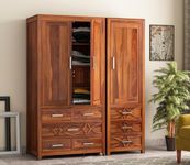 BedCult Furniture Wooden 3 Door Wardrobe for Clothes with 8 Drawer 7 Shelf Storage & Hanging Space and 1 Locker - Sheesham Wood Almirah for Bedroom - Solid Wood Large Cupboard (Honey Finish)