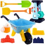 Kids Wheelbarrow Garden Toy Beach Sand Toy with Watering Can, Shovel, Sand Mill, Sand Mould Outdoor Sand Toy Gift for Kids Blue