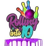 Retro Bowling Theme Rolling into 10th Birthday Cake Topper for Kids - Sports Bowling Theme Birthday Party for Boys and Girls, Game Day Party Bowling Alley Decoration - SugarGera, Yellow Blue Purple