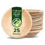 ECO Leaf 25 Disposable Palm Leaf Bowls |7”(18cm) Round Compostable Dinner Bowls | Eco-Friendly, Biodegradable Heavy-Duty Bowl for Wedding, Party and Picnic | Microwave & Oven Safe, Pack of 25