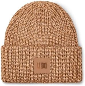 UGG Women's Chunky Rib Beanie W Logo, Camel, O/S