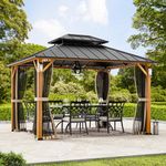 Modern Shade The Horizon Hard Top Gazebo 10' x 12' with 4 LED Lights, Permanent Hardtop Gazebo with Galvanized Steel Double Roof, Metal Gazebo with Decor Hooks, Mosquito Nettings for Patio, Wood Grain
