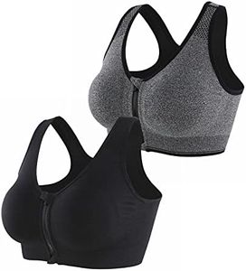 INIBUD Women's Sports Bra Post-Surgery Bra Zip Bra Zipper Front Wirefree Removable Pads Yoga Bra Zip Sports Bra, 2 Pack (Bg), Large