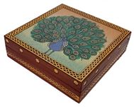 Purpledip Wooden Gemstone Painting Box Peacock: Collectible Souvenir Gift, 5 * 5 Inch (12522C)