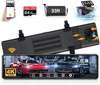 Jelkuz WiFi 4K Rear View Mirror Camera with 12" IPS Full Touch Screen Mirror Dash Cam Front and Rear with 64G SD Card IP69 Waterproof Rear Camera 33ft Rear Cable