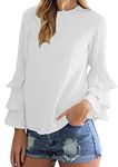 OMZIN Women Bell Sleeve Office Blouses Elegant Crew Neck Tops White M