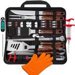 ROMANTICIST 26pcs Grilling Accessories Kit for Men Women, Stainless Steel Heavy Duty BBQ Tools with Glove and Corkscrew, Grill Utensils Set in Portable Canvas Bag for Outdoor,Camping,Backyard,Brown