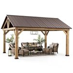 Sunjoy Wood Gazebo 13 x 15 ft. Outdoor Patio Premium Cedar Frame Gazebos with Brown Steel Gable Hardtop Roof for Garden, Backyard Shade, Brown Roof + Natural Wood Frame