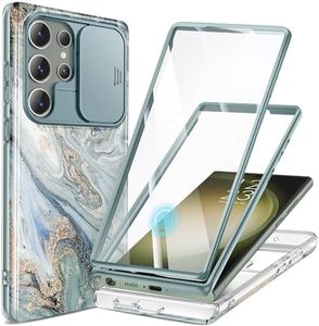 GVIEWIN for Samsung Galaxy S23 Ultra Case with Slide Camera Cover, [Built-in Screen Protector] [2 Front Frames] Military Grade Shockproof, Marble Protective Phone Case 6.8", Ocean Tide