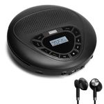 August SE10B Portable Rechargeable CD Player for Home, Car & Travel – Personal Discman MP3 Music Player with Earphones, LCD Display, EQ & Anti-Shock, Disc/Micro SD Support, 15H Playback – Black