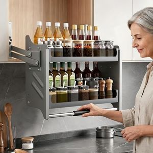 Pull Down Cabinet Organizer 2 Tier-Hydraulic Soft Close with Auto Return,66 lbs Heavy Duty Kitchen Upper Cabinet Pull Down Shelf,Black Crystal Glass Guardrails,Fits 31.9~33.9 Inch Cabinets (Gray, 800)
