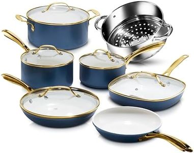 Gotham Steel 12 Pc Ceramic Pots and Pans Set Non Stick, Kitchen Cookware Sets, Pot and Pan Set, Ceramic Cookware Set, Non Toxic Cookware Set, Non Stick Pots and Pan Set, Dishwasher Safe - Cream Navy…
