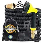 J&B XpandaHose 150ft Expandable Garden Hose with Holder - Heavy Duty Superior Strength 3750D - 4 -Layer Latex Core - Extra Strong Brass Connectors and 10 Spray Nozzle w/Storage Bag (Black 150)