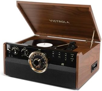 Victrola The Empire Mid-Century 6-in-1 Turntable & Multimedia Center with Built-in Speakers – 3 Speed, Bluetooth Connectivity, Radio, Cassette & CD Player, RCA Out, Headphone Jack (Walnut)