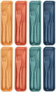 Reusable Utensils Set with Case, 8 Sets Travel Cutlery Set, Portable Plastic Utensils Dinnerware Knives Fork and Spoon Set for Lunch Box, Camping Utensils for Daily Use Picnic (4 Colors)