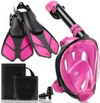 Viginsul Snorkeling Gear for Kids, Full Face Snorkel Mask & Adjustable Swim Fins Snorkel Set, Panoramic View Snorkel Mask with Dry Top System & Gear Bag, Anti-Fog Anti-Leak (Pink)