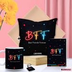 Jhingalala Best Friends Forever Satin Printed 12x12 inches Cushion with Filler, Coffee Mug, Key Chain, Greeting Card Combo for Friends