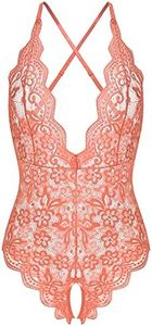 Women One Piece Lingerie Sexy Teddy Lingerie V Neck Sexy Bodysuit Lace Nightie, Pink, Medium