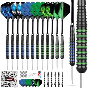 CyeeLife Steel Tip Darts, Professional Metal Darts, Darts Metal Tip Set, Metal Darts for Dartboard,12 pcs 22 Grams with 18 Aluminum Shafts,24 Extra Flights,20 O-Rings,Dart Tool, Dart Sharpener