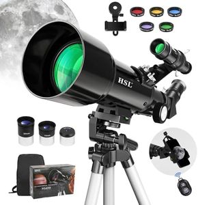 HSL Telescope, 70mm Aperture 400mm AZ Mount Astronomical Refracting Telescope for Kids& Adults, Portable Travel Telescope with Tripod Phone Adapter, Remote Control,5 Color Filters,Black