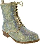 Forever Glisten 26 Womens Lace Up Side Zip Rhinestone Combat Boots Champagne 8