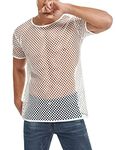 LINOCOUTON Mens Sexy Mesh Transparent Shirt Short Sleeve Fishnet Muscle Workout Top, White, Large