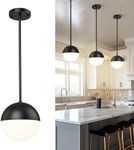 LMS 8-inch Modern Globe Pendant Light Frosted Glass with Black Finish Contemporary Mid Century Adjustable Hanging Light Fixture for Living Room Bedroom Kitchen LMS-186