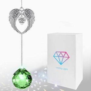 Memorial Crystal Suncatcher, Sympathy Gifts for Loss of Loved One, Angel Wing Clear Crystal Ball Window Suncatcher Gift Box for Remembrance (Green)