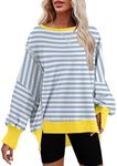 SHEWIN Womens Sweatshirt Casual Long Sleeve Crew Neck Loose Comfy Striped Color Block Pullover Tops Soft Lightweight Fall Oversized Sweatshirts for Women Strpied Blue Small