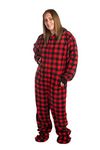 Hoodie Footed Buffalo Red Black Fleece Adult Onesie Pajama with DropSeat