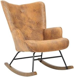 Gecheer Rocker Glider Chair, Polyester Fabric Modern Rocking Chair with Wooden Base High Backrest and Armrests Padded Seat, Comfy Upholstered Accent Chair for Living Room Bedroom Office Brown