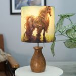 Homesake® Dovel Pot, Modern Table Lamp with Shade, Wooden Base Modern Fabric Lampshade for Home Office Cafe Restaurant, (Floral Horse)