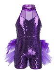 Manyakai Kids Girls Jazz Latin Dancewear Shiny Sequins Sleeveless Mock Neck Ballet Leotard Dance Costume Purple 11-12 Years