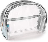 Half Moon Bag / Clear Cosmetic Pouch for Purse / Transparent TSA Compliant Clear Quart Bag for Travel / See-Through Clutch or Handbag for Makeup / Made From Vegan Leather, Vinyl PVC & Suede (Silver)