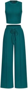 PRETTYGARDEN Women's Summer 2 Piece Loungewear Set Cropped Tank Top Wide Leg Sweatpants Tracksuit Casual Outfits (Blue Green,X-Large)