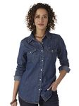 Wrangler Women's Retro Long Sleeve Western Denim Snap Shirt, Dark Denim, X-Large