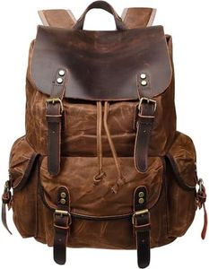 HuaChen Rugged Leather and Waxed Canvas Backpack for Men, Shoulder Rucksack for Travel Laptop School Hiking (M80_Brown)