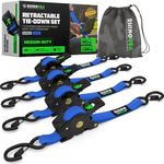Rhino USA Retractable Ratchet Tie Down Straps (4PK) - 540kg Guaranteed Max Break Strength, Includes (4) Ultimate 2.5 cm x 3 m Autoretract Tie Downs with Padded Handles - Blue