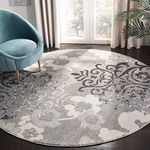 SAFAVIEH Adirondack Collection 7' x 7' Round Silver/Ivory ADR114B Floral Glam Damask Distressed Non-Shedding Dining Room Entryway Foyer Living Room Bedroom Area Rug