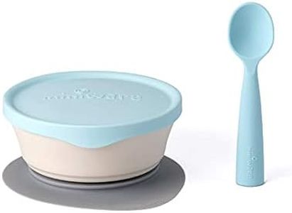 Miniware First Bites Set with Cereal Bowl, Detachable Suction Foot, and Training Spoon for Baby Toddler Kids - Promotes Self Feeding | Eco-Friendly and BPA Free | Dishwasher Safe (Vanilla & Aqua)