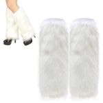 YUANQIAN Women Winter Extra Soft Over Knee High Footless Knitted Stirrup Leg Warmers for Yoga Ballet Dance, 40cm White / Faux Fur, One Size