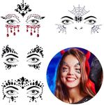 Bowitzki Halloween Face Jewels Festival Design Women Mermaid Face Gems Rhinestone Crystals Stickers Eyes Body Temporary Tattoos (4 Set A)